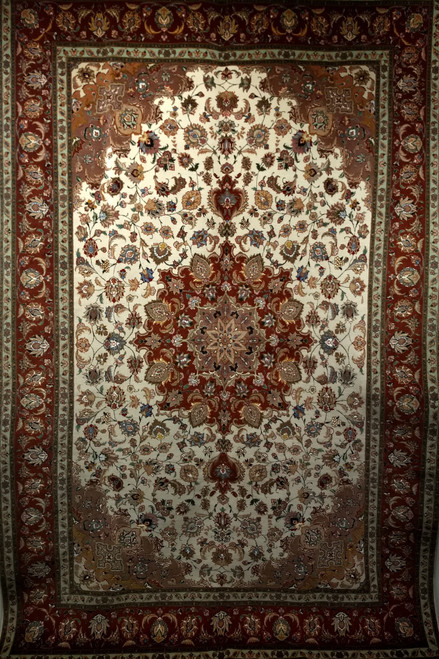 Room Size Persian Tabriz in Medallion Floral Pattern in Ivory, Chocolate, Green, Pink, The Persian Knot, SKU 1231