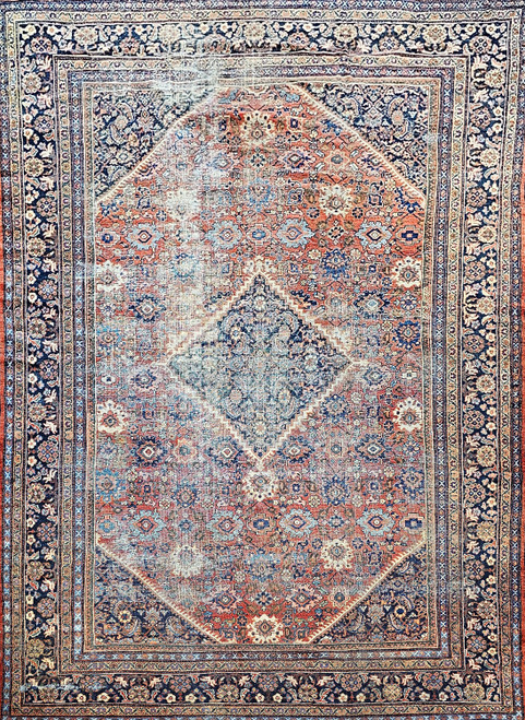 19th Century Persian Mahal Sultanabad in Geometric Pattern in Rust-Red, Navy, Green, Pink , The Persian Knot, SKU 1402