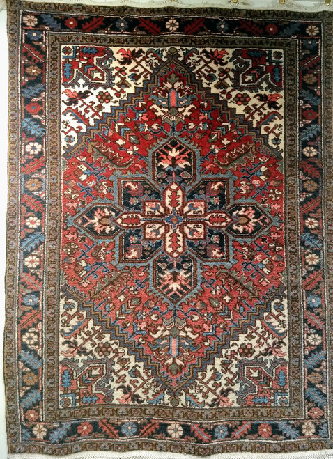 Vintage Persian Heriz Area Rug in Red, Ivory, Navy, French Blue, Green, Brown, @thepersianknot, SKU 1491
