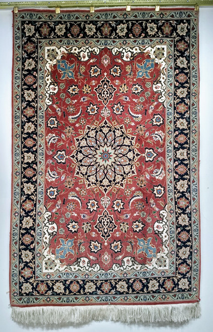 Antique Persian Tabriz rug in Shah Abbas design with pomegranate-red field, navy blue border, and silk highlights, The Persian Knot Gallery, SKU: 1207