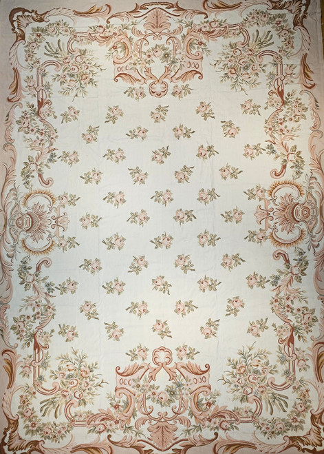 Mid 20th Century Oversized Aubusson Design Carpet in Light Taupe, Sage Green, Brown, Pink, The Persian Knot, SKU 1029