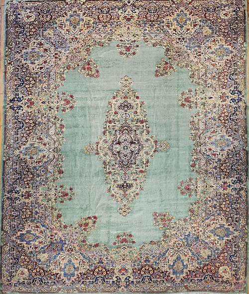 Vintage Oversize Persian Kerman in Floral Pattern in Pale Green, Red, Blue, Pink, The Persian Knot, SKU 1080