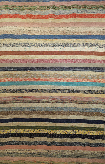 Vintage American Rag Rug in Stripe Pattern in Ivory, Blue, Pink, Green, Red , The Persian Knot, SKU 1597