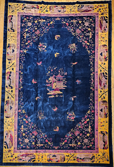 Oversized Walter Nichols Art Deco Chinese Rug in French Blue, Yellow, Navy, Red, The Persian Knot, SKU 1297