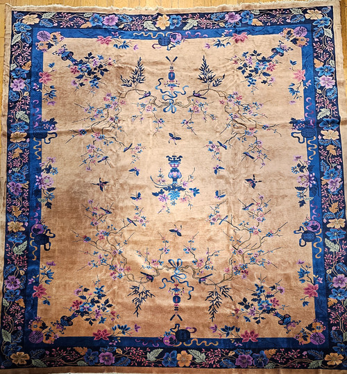Antique Chinese Art Deco Carpet 12x14 | Pastel Floral