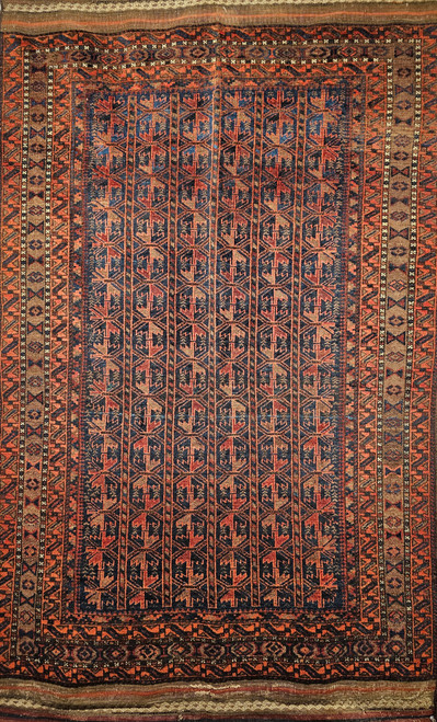 Vintage Baluch Tribal Area Rug in Allover Geometric Pattern in Navy Blue, Brown, Dark Red 1054, The Persian Knot, SKU 1054