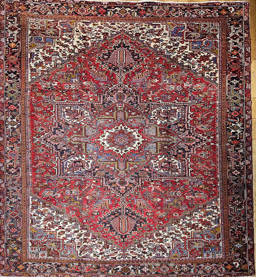 Vintage Persian Heriz Room Size Rug in Dark Red, Pale Blue, Yellow, Pink, The Persian Knot, SKU 1093