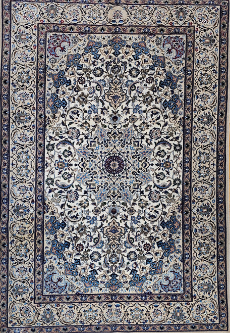 Vintage Persian Nain in Floral Pattern with Silk Highlights in Ivory, Pale Blue, Green, French Blue, Red, Caramel, The Persian Knot, SKU 1227 Vintage Persian Nain in Floral Pattern with Silk Highlights in Ivory, Pale Blue, Green, French Blue, Red, Caramel, The Persian Knot, SKU 1227