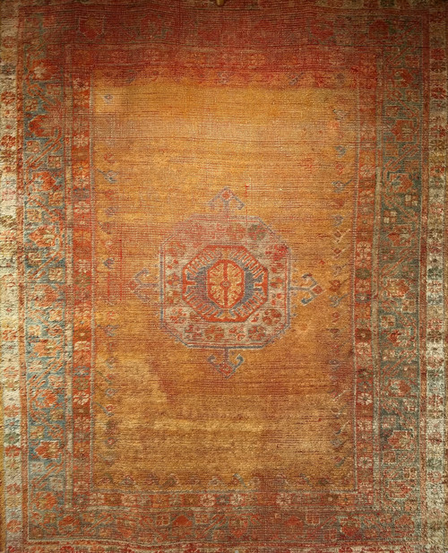 Late 19th Century Turkish Oushak Area Rug in Mamluk Pattern in Saffron, Teal, Terracotta, Ivory, The Persian Knot, SKU 1417 Late 19th Century Turkish Oushak Area Rug in Mamluk Pattern in Saffron, Teal, Terracotta, Ivory, The Persian Knot, SKU 1417
