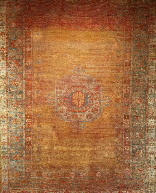 Late 19th Century Turkish Oushak Area Rug in Mamluk Pattern in Saffron, Teal, Terracotta, Ivory, The Persian Knot, SKU 1417