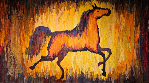 Vintage Mid-Century Hand-Woven Horse Tapestry | Earth Tones