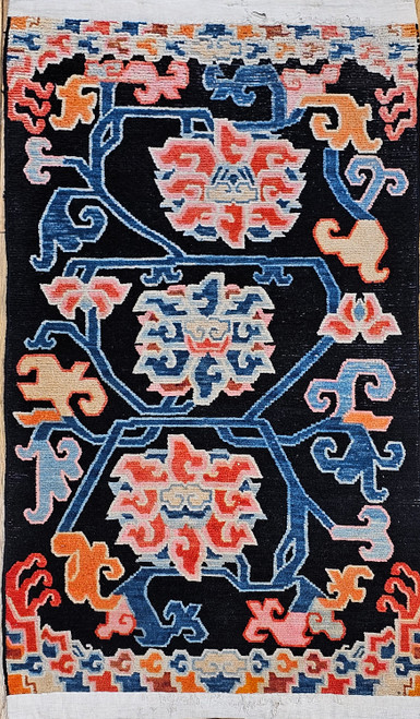 Vintage Tibetan Rug with Lotus Flowers and Cloud Symbols in Navy. Green, Blue, Red, The Persian Knot, SKU 1744