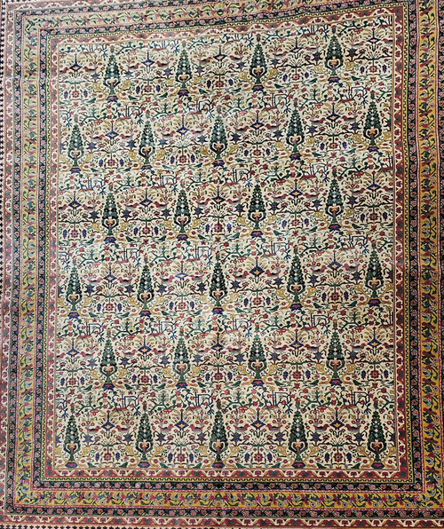 Vintage Indian Agra Room Size Rug in Garden Pattern in Green, Yellow, Pink, Red, The Persian Knot, SKU 1756