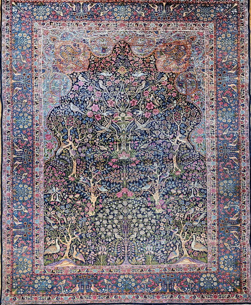 Vintage Persian Kerman Lavar in “Tree of Life” Pattern in Navy, Turquoise, Lavender, Sage, Pink, The Persian Knot Gallery, SKU 1768