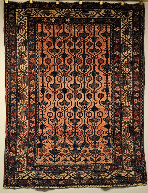 Antique Persian Malayer rug, pale pink field with Arts & Crafts allover design, floral details, and multiple borders, early 1900s.