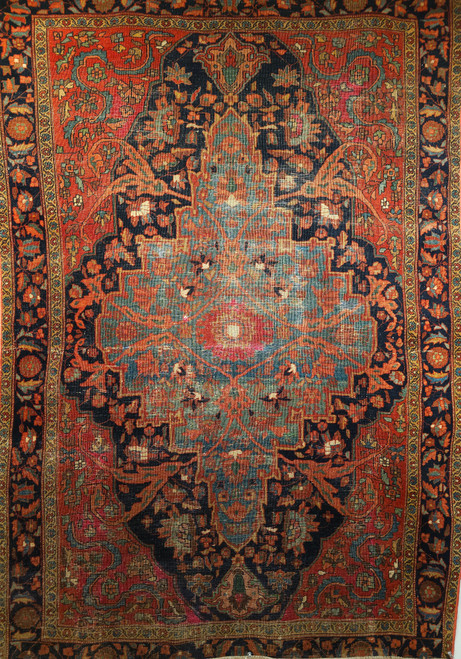 Vintage Persian Farahan with a Botanical Design in Abrash Pale Blue/Green, Navy Blue, and Red 1767, 4’ 3” X 6’ 1”, 4th Quarter of the 1800s,the Persian Knot