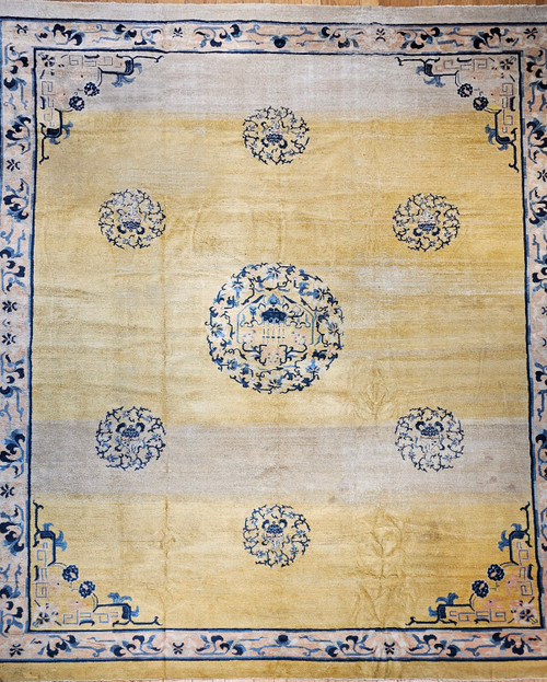 Antique Oversize Chinese Peking Rug, Near Square Size, Pale Yellow, Lion Dogs, The Persian Knot Gallery, SKU 1763