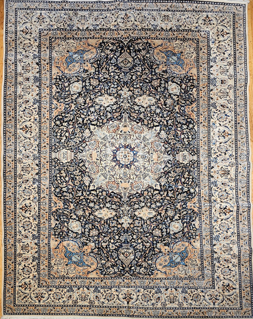 Fine Vintage Persian Nain Room-Size Rug with Floral Medallion in Navy and Cream, Silk Highlights, @thepersianknot , SKU 1818 Fine Vintage Persian Nain Room-Size Rug with Floral Medallion in Navy and Cream, Silk Highlights, @thepersianknot , SKU 1818