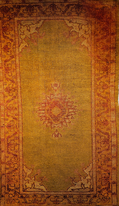 Antique Turkish Oushak Area Rug, Late 1800s, abrash chartreuse field with medallion and rust-red vine border, The Persian Knot Gallery, SKU: 1821