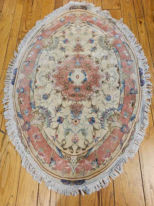 Vintage Oval Shaped Persian Tabriz Area Rug in Floral Pattern, Silk Highlights, The Persian Knot Gallery, SKU 1811