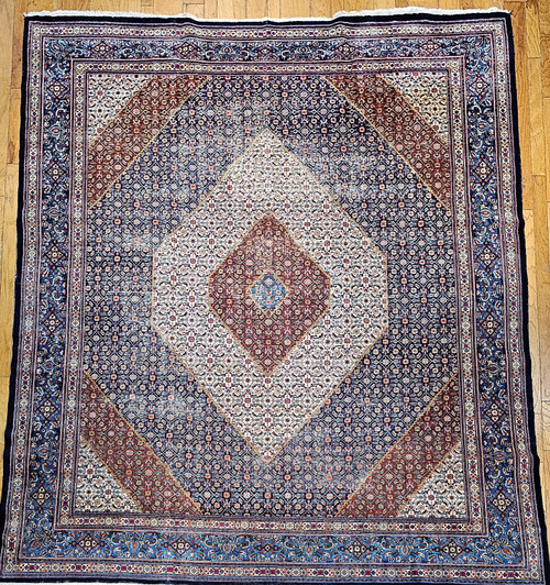 Vintage Persian Tabriz in Geometric Pattern in Ivory, Navy, French Blue, Burgundy, The Persian Knot, SKU 1797