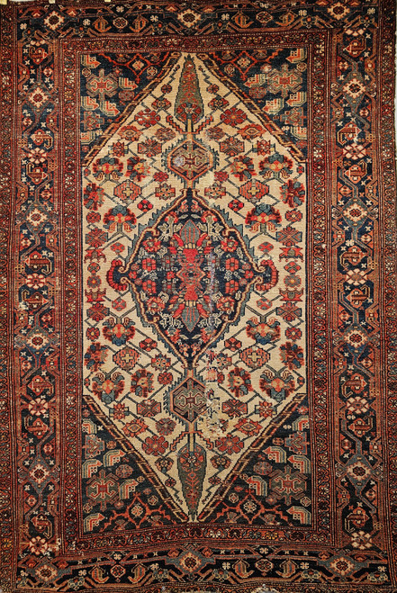 Antique Malayer Rug, Late 19th Century, Ivory Field & Navy, The Persian Knot Gallery, SKU 1785