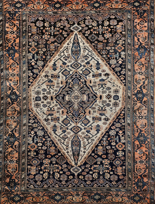 Vintage Persian Malayer area rug, early 1900s, pale blue medallion on cream field with salmon border and Herati corner design.