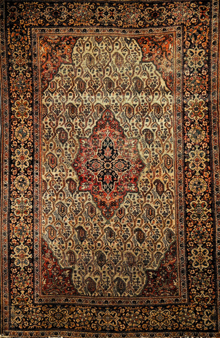 Vintage Persian Farahan rug with allover paisley pattern in pale green and rust red, navy floral border Vintage Persian Farahan rug with allover paisley pattern in pale green and rust red, navy floral border