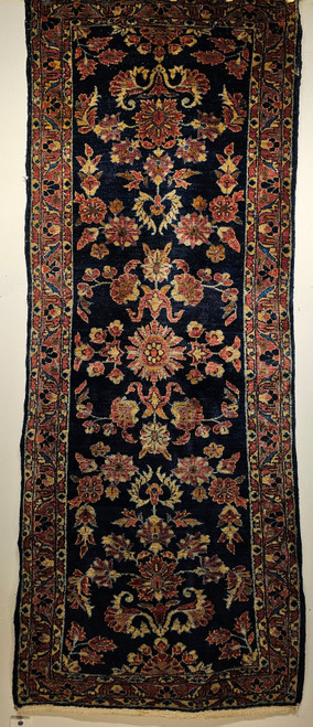 Early 1900s Persian Lilian Runner in an Allover Floral Design in Abrash Navy Blue 1834, 3’ x 7’ 3”,  4th Quarter of the 1800s, NW Persia