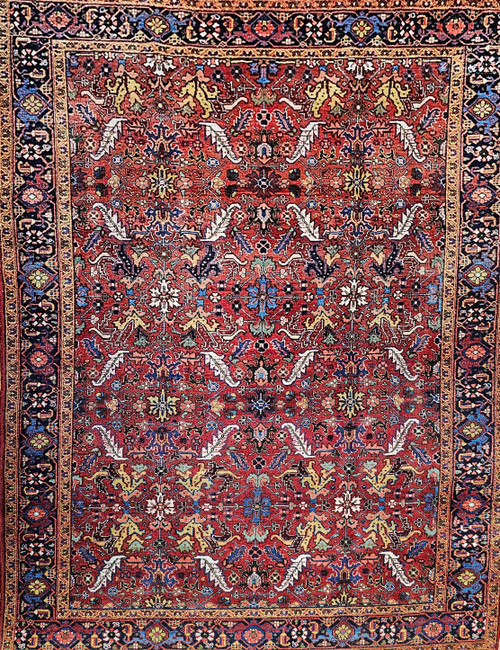 Vintage Persian Heriz Serapi Room Size Rug in Allover Pattern in Red, Green, Blue, Yellow, Ivory 1945, The Persian Knot, SKU 1945