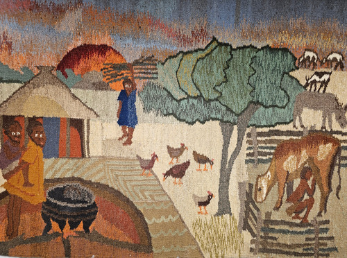 Vintage Hand Woven African Tapestry Depicting Life Scenes Around a Village 1851, 3’ 7” x 5’,  3rd Quarter of the 1900s