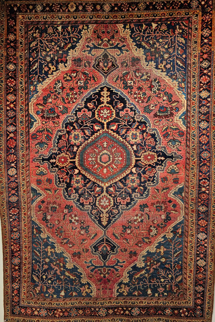 Late 1800s Persian Farahan Sarouk Area Rug with Rust Red and French Blue Colors 1861, 4’ 6” X 6’ 8”, 4th Quarter of the 1800s, NW Persia