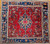 Mid 20th Century Vintage Persian Malayer room size square rug. Hand-knotted. Brilliant red field. Abrash French blue central medallion and border. Open large pattern. Bright accent colors: green, magenta, yellow, navy, pink, ivory, brown. Made with natural vegetable dyes.
