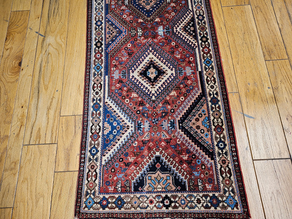Vintage Persian Shiraz Runner in Geometric Pattern in Red, Navy, Blue,  @thepersianknot  , SKU 1869