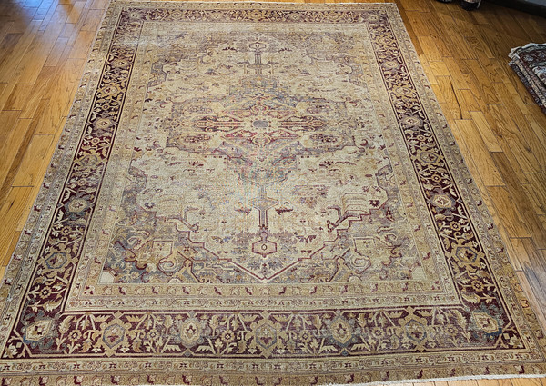 19th century oversized Indian Agra in a large medallion pattern with soft colors of pale purple, gray, burgundy, and pale yellow/gold, The Persian Knot, SKU 1929