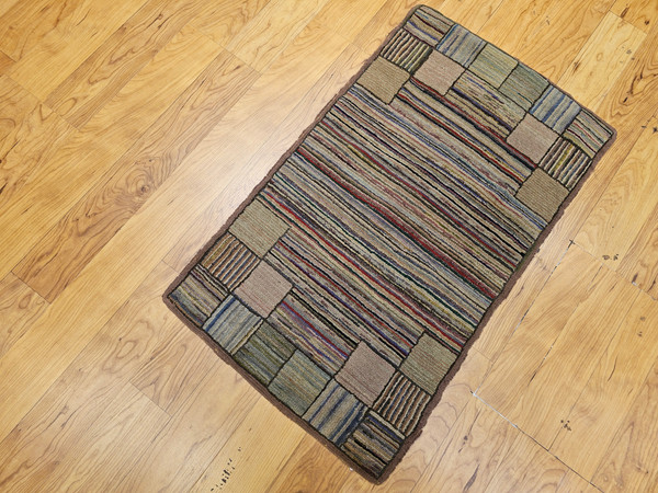 Vintage American Hand Hooked Rug in Stripe Pattern in Blue, Green, Red,, The Persian Knot, SKU 1925