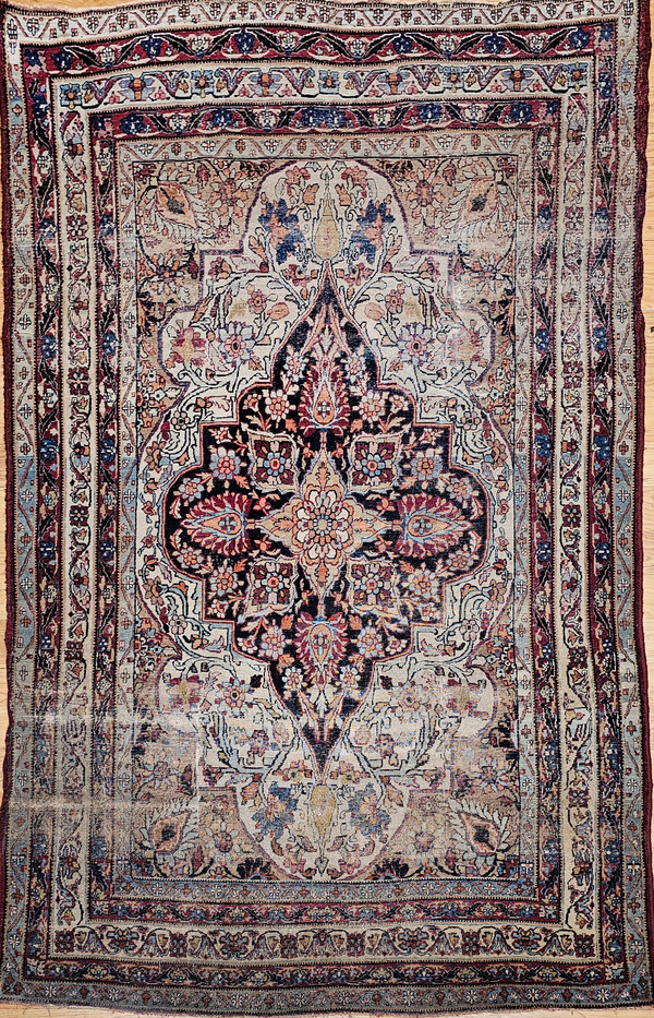 19th Century Persian Kerman Lavar in Floral Pattern in Ivory, Red, Pale Yellow, Navy, Blue, The Persian Knot, SKU 2001