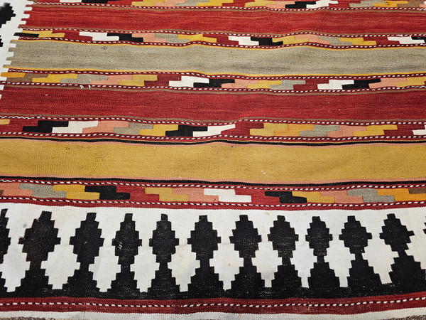 Vintage Persian Qashqai Tribal Kilim in Yellow, Green, Red, Ivory, Brown,  @thepersianknot  , SKU 2121