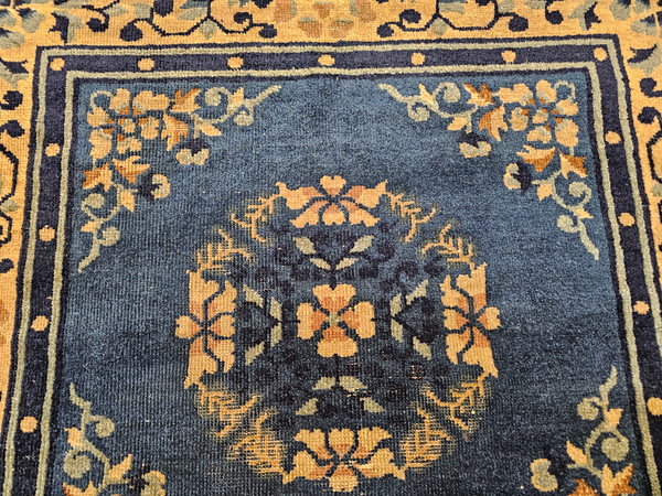 19th Century Square Size Chinese Peking Area Rug in Tan, Navy, French Blue, Ivory, Pink. The Persian Knot, SKU 2132