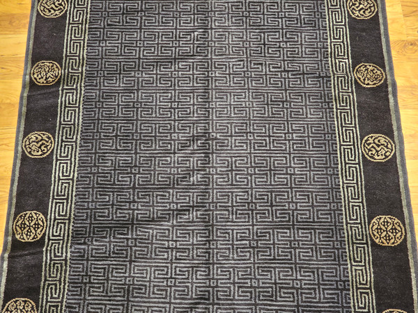 Vintage Tibetan Area Rug in Allover Lattice Pattern in Black, Gold, Gray,  @thepersianknot  , SKU 2148