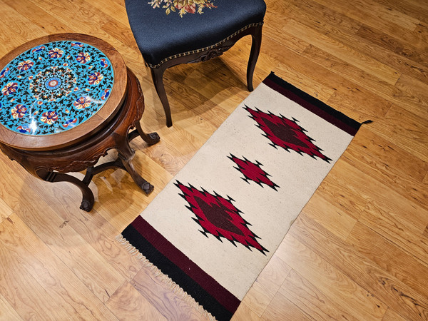Vintage Native American Navajo Area Rug in Medallion Pattern in Ivory, Red, Burgundy, Black,  @thepersianknot  , SKU 2167