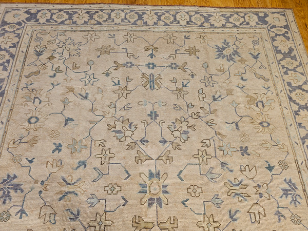 Vintage Room Size Turkish Oushak in Allover Pattern in Ivory, Brown, Blue  @thepersianknot  , SKU 2193