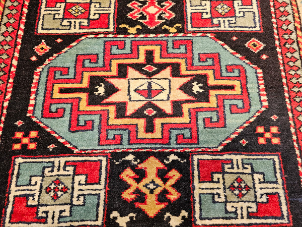 Vintage Persian Kurdish Area Rug in Geometric Pattern in Navy, Tan, Blue,  @thepersianknot  , SKU 2195