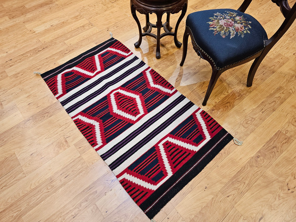 Vintage Native Navajo Area Rug in a Chief Blanket Pattern in Red, Navy,  @thepersianknot  , SKU 2196