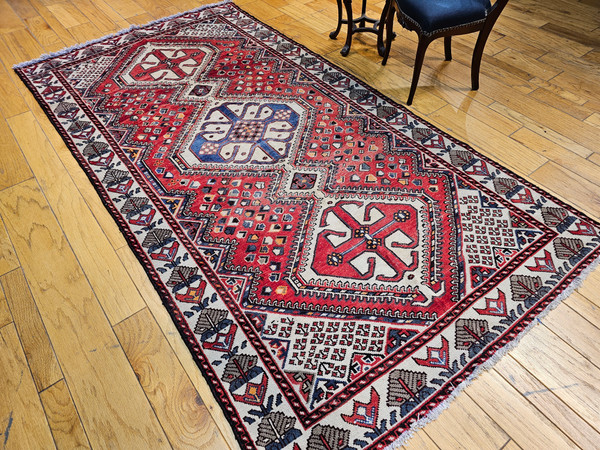 Vintage Persian Shiraz Tribal Area Rug in Red, Ivory, Blue, The Persian Knot, SKU 1338
