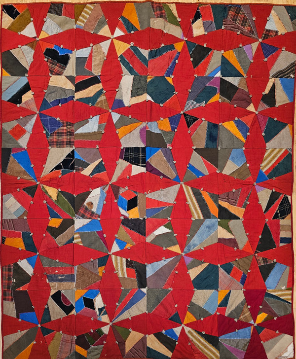 19th Century American Crazy Quilt with Red Stars,  @thepersianknot  , SKU 2200