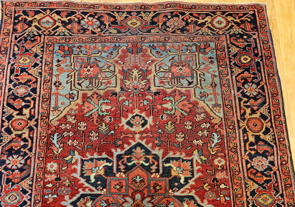 Vintage Persian Persian Heriz Serapi in Blue, Navy, Rust, Yellow, Pink,  @thepersianknot  , SKU 2191