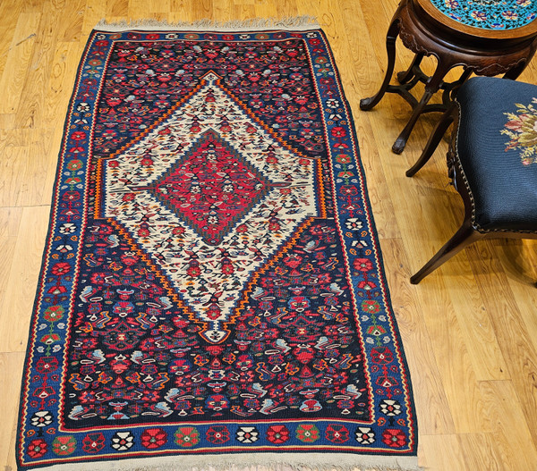 Mid-20th Century Persian Senneh Kilim Area Rug in Midnight Blue with Medallion Pattern, The Persian Knot, SKU 3001