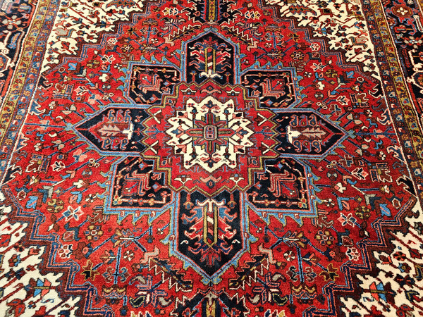 Vintage Persian Heriz in Geometric Pattern in Red, Navy, Ivory, French Blue, The Persian Knot, SKU 1094