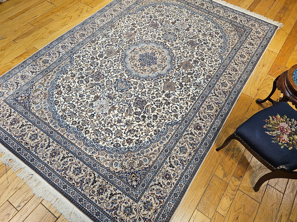 Extremely Fine Weave Persian Nain Habibian in Floral Pattern with Silk Highlights in Ivory, Baby Blue, Caramel, Navy Blue, The Persian Knot, SKU 1243